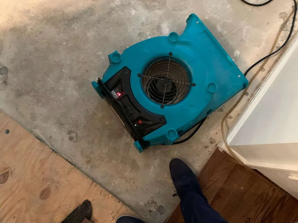 Air mover drying subfloor during Commercial Water Damage Restoration in DuPont